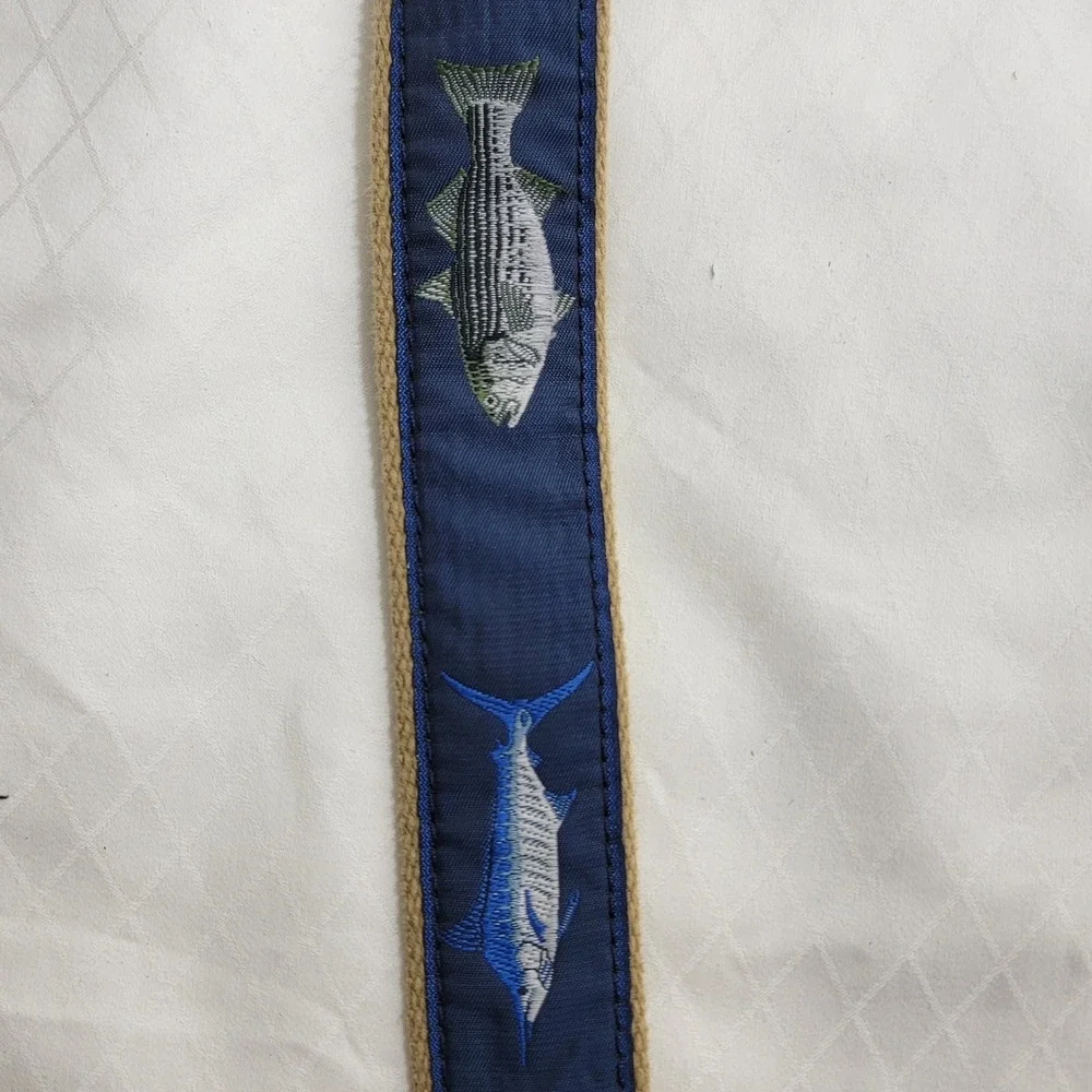 Leather Man Ltd Mens Navy Blue Canvas Leather Web Belt Fish Tuna Marlin Size 28